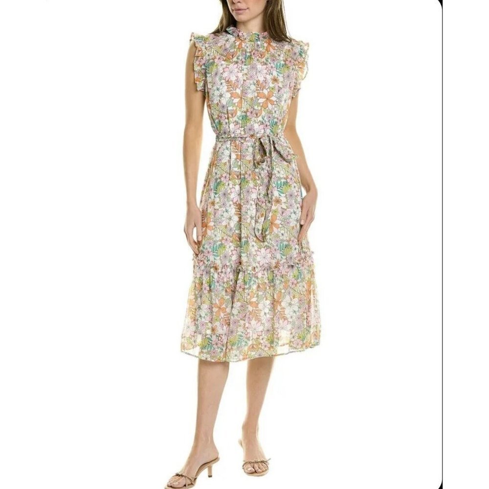 CECE By Cynthia Steffe ruffle mock neck Floral Midi Dress LARGE